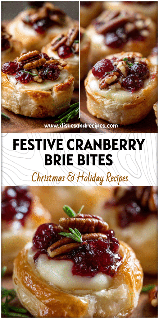 Golden puff pastry filled with melted brie, cranberry sauce, and pecans, ideal for holiday appetizers.